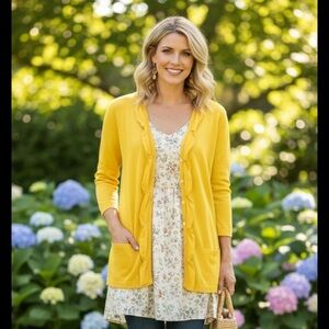Tahari cardigan solid yellow ruffle knit sweater size S new